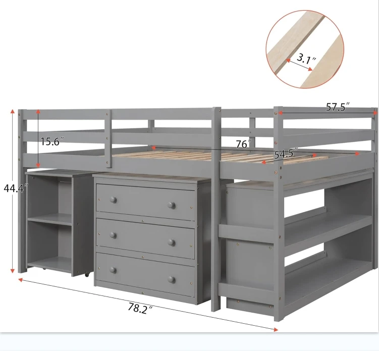 Multifunctional Twin Size Loft Bed with Double Tiers Low Study Kids Loft Bed with Storage Bookcases Cabinet Made of Wood