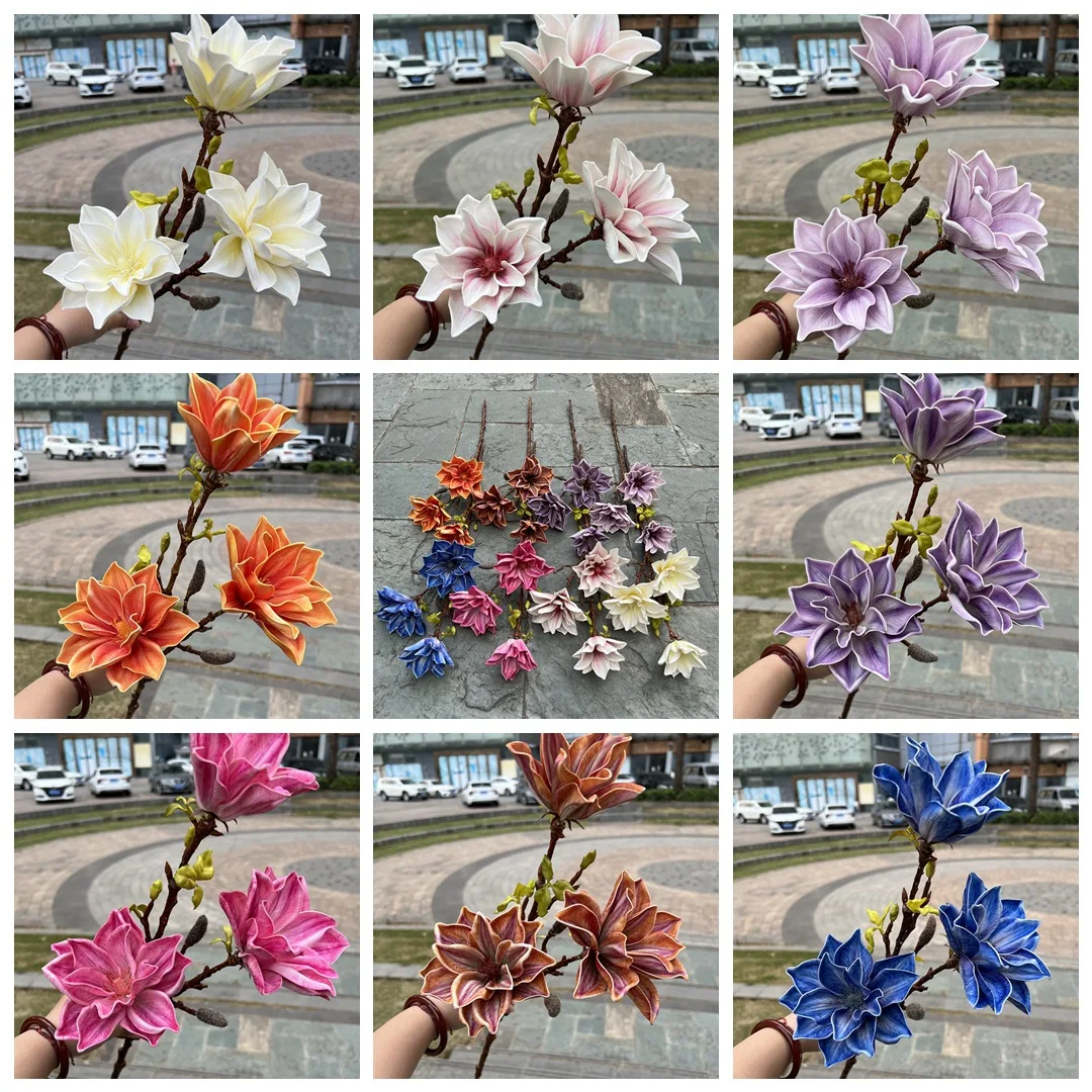 Wholesale Orange 3D Simulation Magnolia 3-Head Soft Fake Wedding Flowers with Spring Tide Feel for Wall Decor