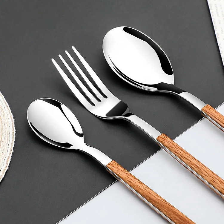 Hot Selling ABS Plastic Handle Wood Grain Stainless Steel Suitable Tableware Fork Spoon Set for Hotels Plastic Handle Cutlery