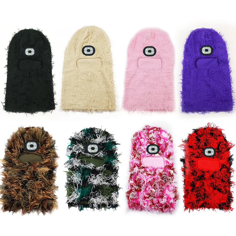 Wholesale Full Face Cover Motorbike Skull One Hole grassy custom ski masks distressed balaclava with LED light Light Beanie