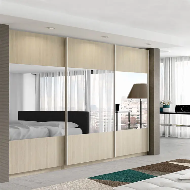 Modern sliding door built in Clothes Wardrobes with mirror Bedroom furniture designs Wooden closets
