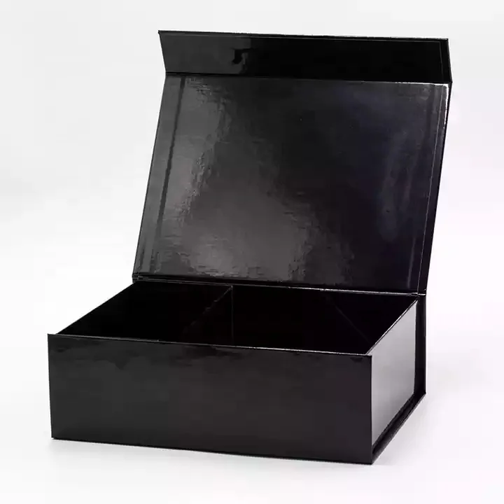 Luxury deep glossy lamination black foldable gift box packaging with magnetic lid