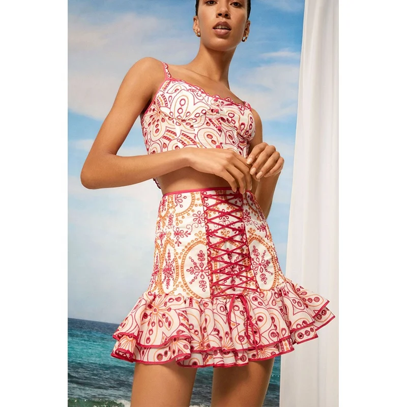 Women double ruffle embroidered cotton two pieces set corset laces fit the body of the Lucrecia skirt broidery bardot mini dress