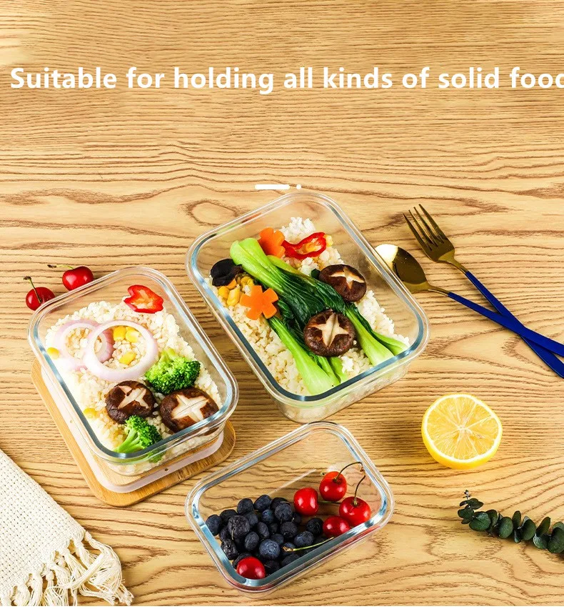 Wholesale microwaveable borosilicate glass lunch box meal prep containers airtight food storage containers with bamboo lids
