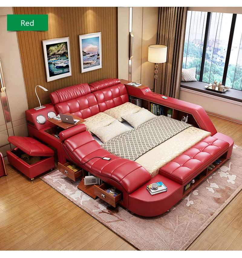 New design modern furniture classic design wooden frame leather bed with electric massage recliner