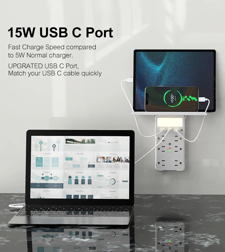 Wontravel Plug Surge Protector USB-C Adapter Rack USB Socket Wall Charger 6 Outlet Extender with Night