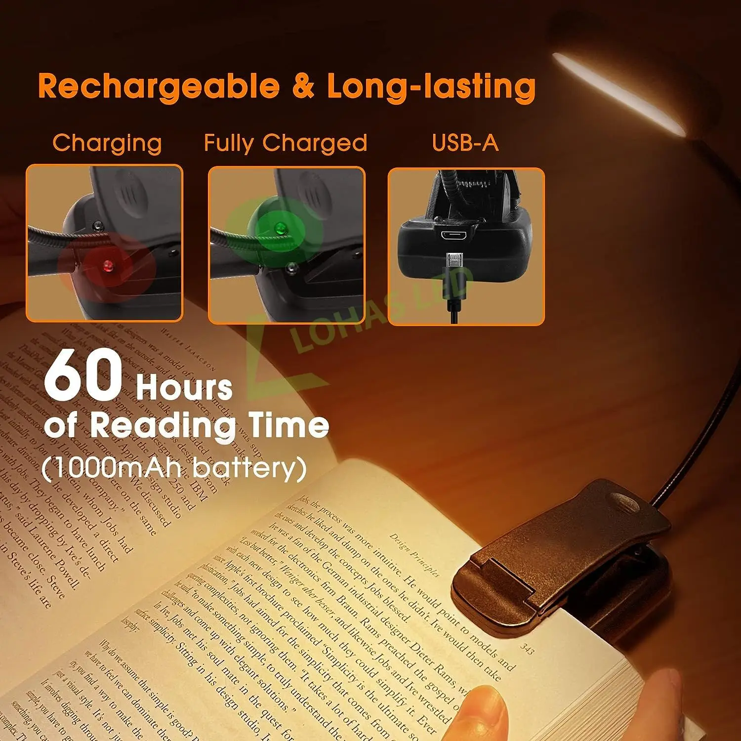 LOHAS 2024 Flexible Led Clip On Book Reading Lamp Usb Rechargeable Kids Children Reading Light For Books Laptop