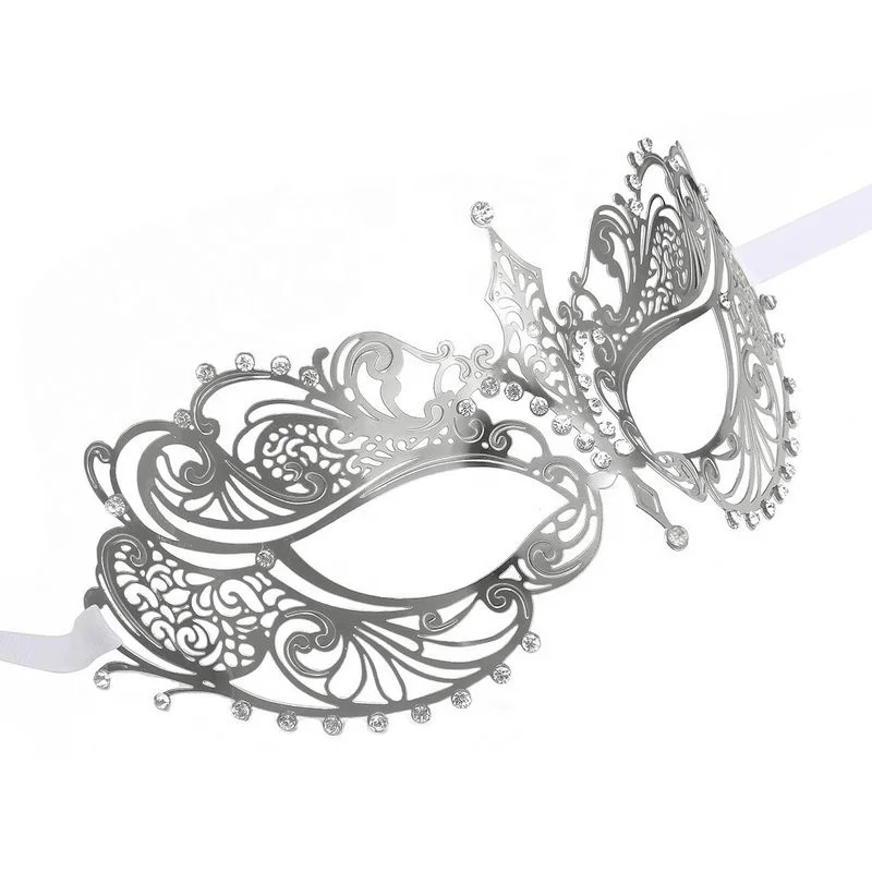 031S Luxury Carnival Party Mask Female Shiny Metallic Silver Transparent Rhinestone Venetian Mask For Eyes