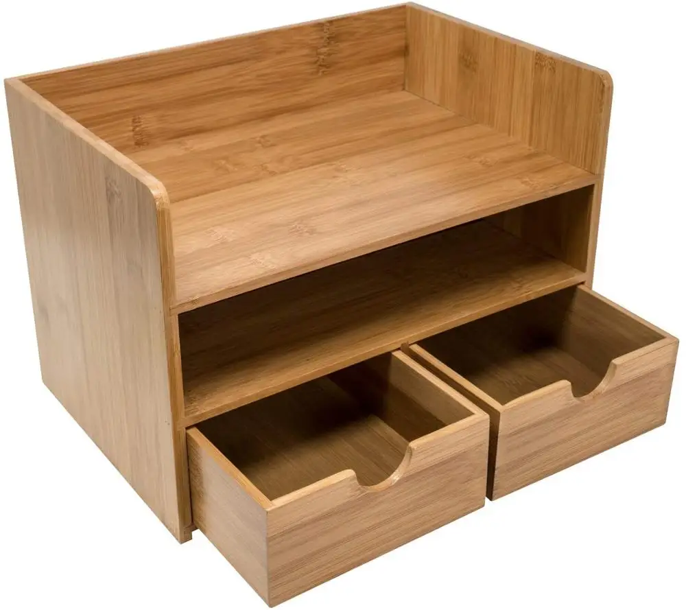 3-Tier Bamboo Shelf Organizer for Desk with Drawers   Mini Desk Storage for Office Supplies, Toiletries, Crafts, etc