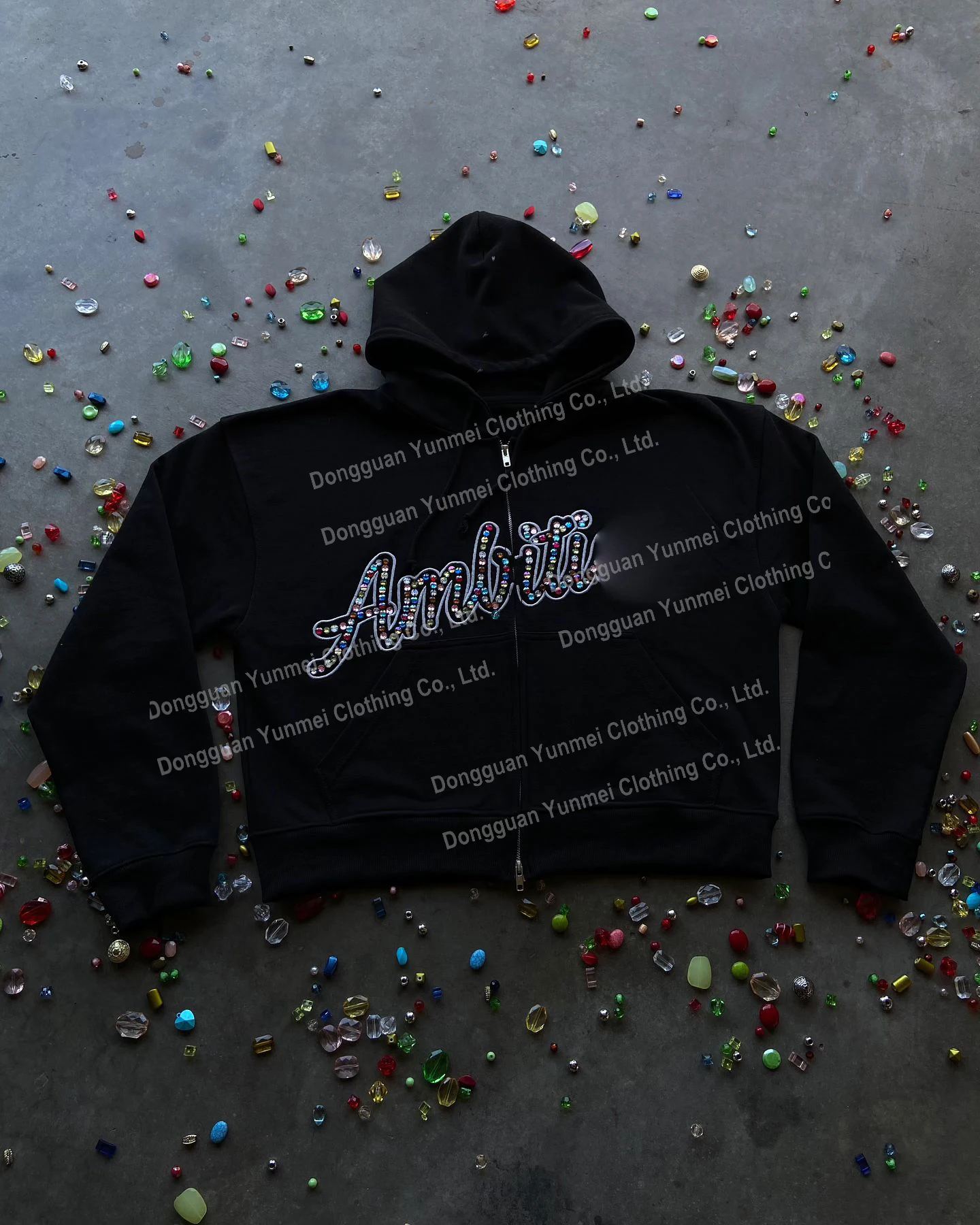 Streetwear Clothing Manufacturer Full Zip up heavyweight Hoodies Custom logo Diamond Zipper acid wash Rhinestone Hoodie For Men