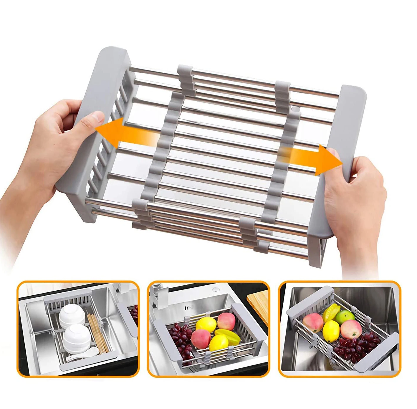 Vegetable Fruit Armrest Drainer Stainless Steel Over Sink Dish Drying Rack Functional Retractable Drain Strainer Basket