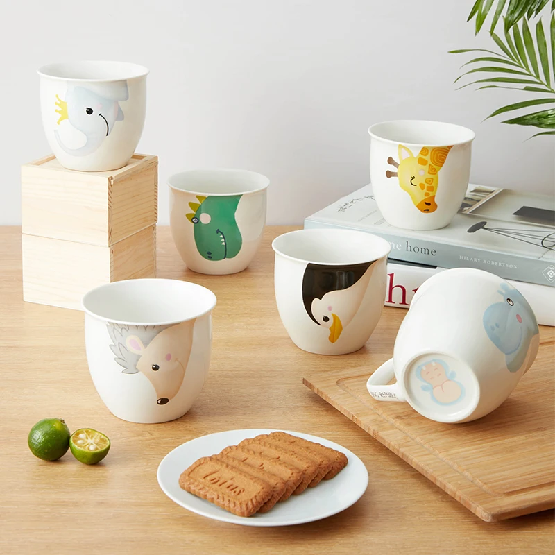 Hot Sale 500ml Creative Cute Stoneware Cereal Water Milk Mug Coffee White Animal Print Ceramic Mugs for Kids