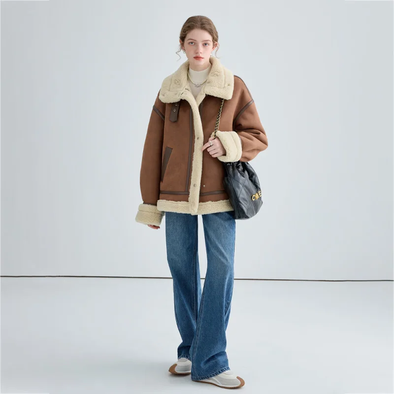 Vega Chang 2025 Winter New Motorcycle Style Imitation Fur One Short Coat   Thick Plush Coat
