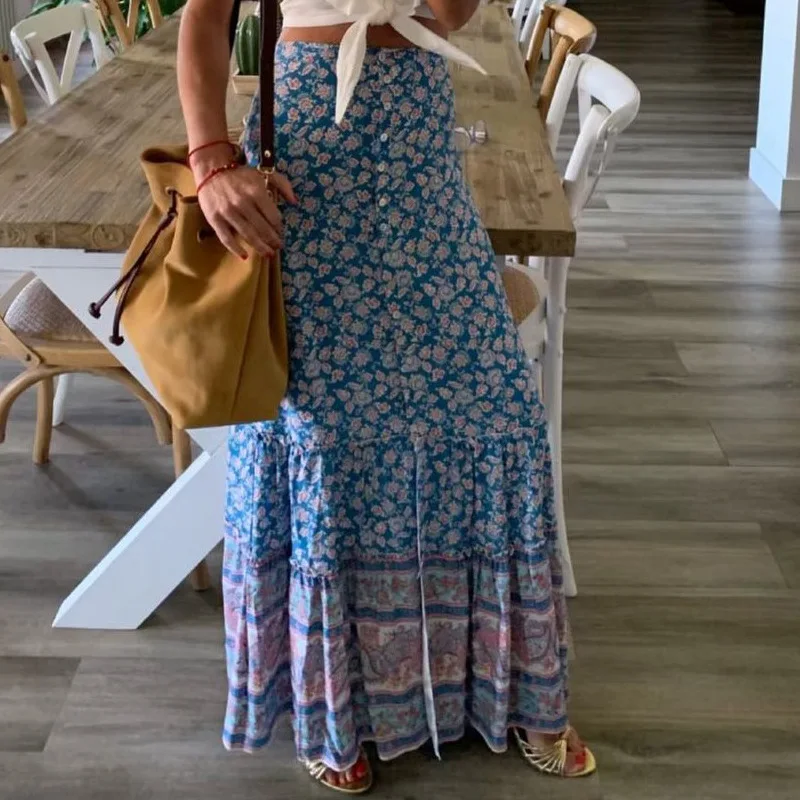 2022  Sexy Maxi Skirts Women's Summer Printing Button Down Long Skirts Low Waist  Blue Skirt Chic Fashion Ski