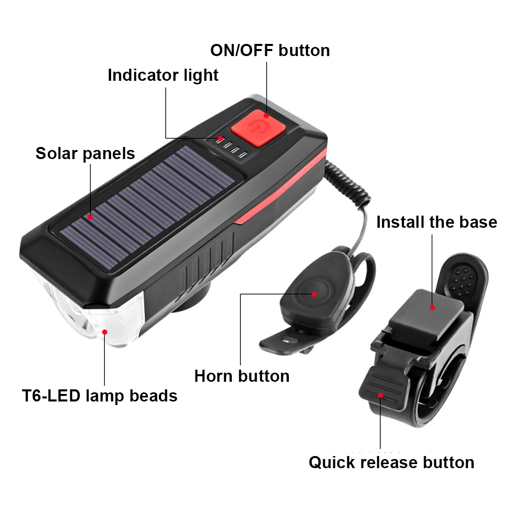 Многофункциональный USB, зарядное устройство солнечной перезаряжаемые велосипед свет с динамик рупорного типа Power bank велосипедные фары