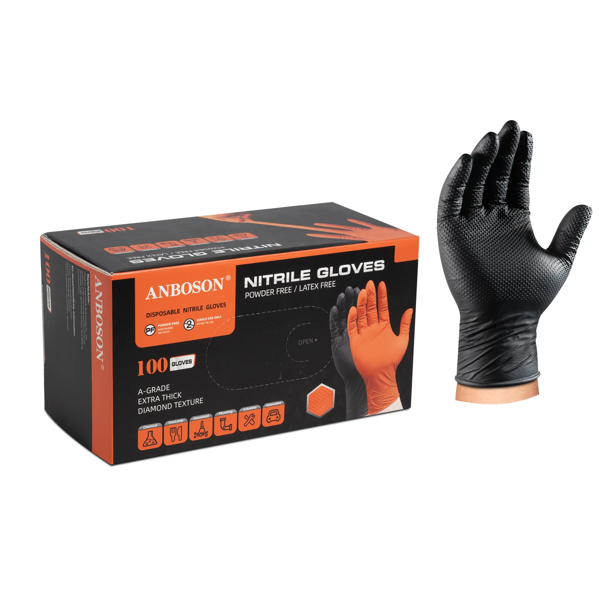 ANBOSON Custom 10Mil Industrial Manufacturers Rubber Waterproof Black Safety Protective Work Heavy Duty Nitrile Disposable Glove