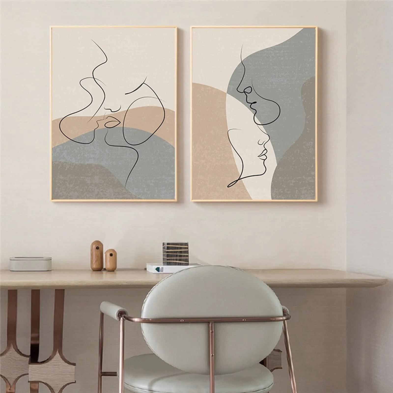 2 Pieces Abstract Geometric Lines Face Canvas Painting Boho Style Minimalist Figure Couple Lovers Kiss Wall Art Posters Printed
