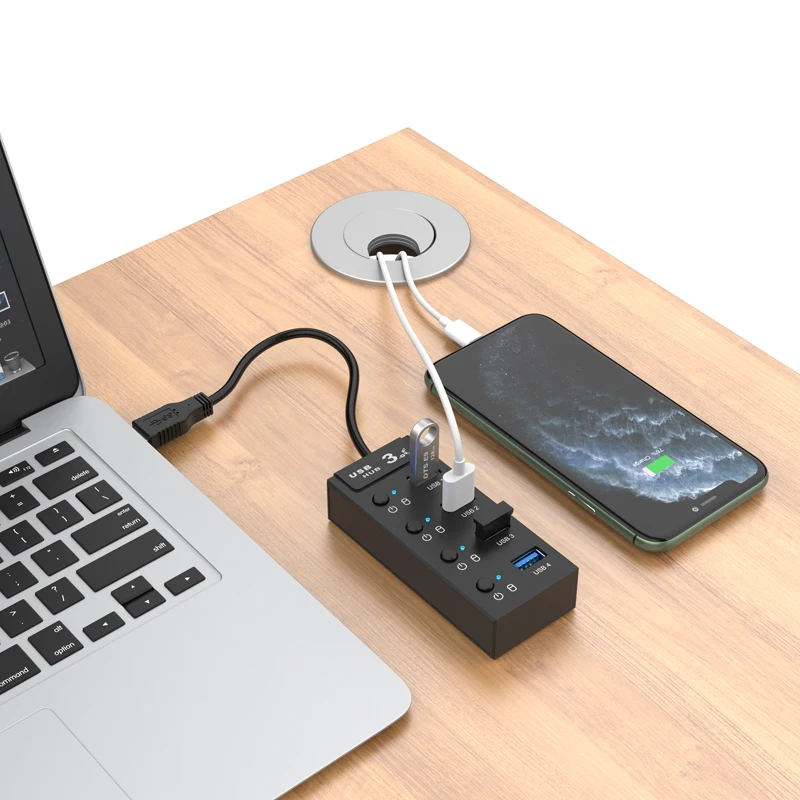 On/Off Switch and Power LED 4-in-1 USB 3.0 Splitter 5Gbps Speed 4-Port USB HUB 3.0 Rohs in Stock for Flash Drive, HDD, Printer