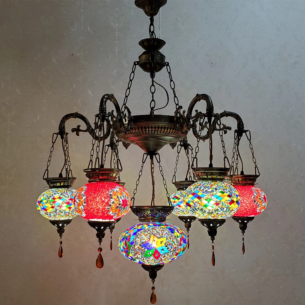 Mosaic Retro Arabian Hanging Ceiling Light Brass and Glass Lantern Chandelier Turkish Moroccan Style Pendant