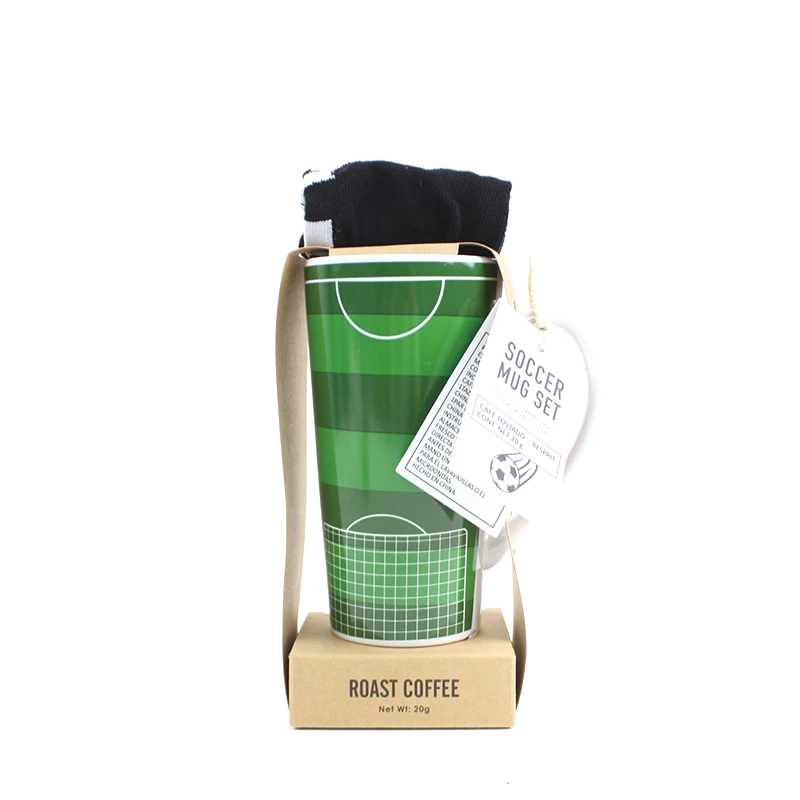 Novelty Gifts Custom Soccer Lover Set High V Shaped Ceramic Mug With Men Size Socks & Coffee Mix Items For Sports Fans