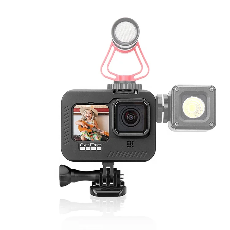 Junnx Metal Vlog Case Cage for Go pro hero 9 camera accessories Black Extend Cold Shoe Mount for Microphone LED Light