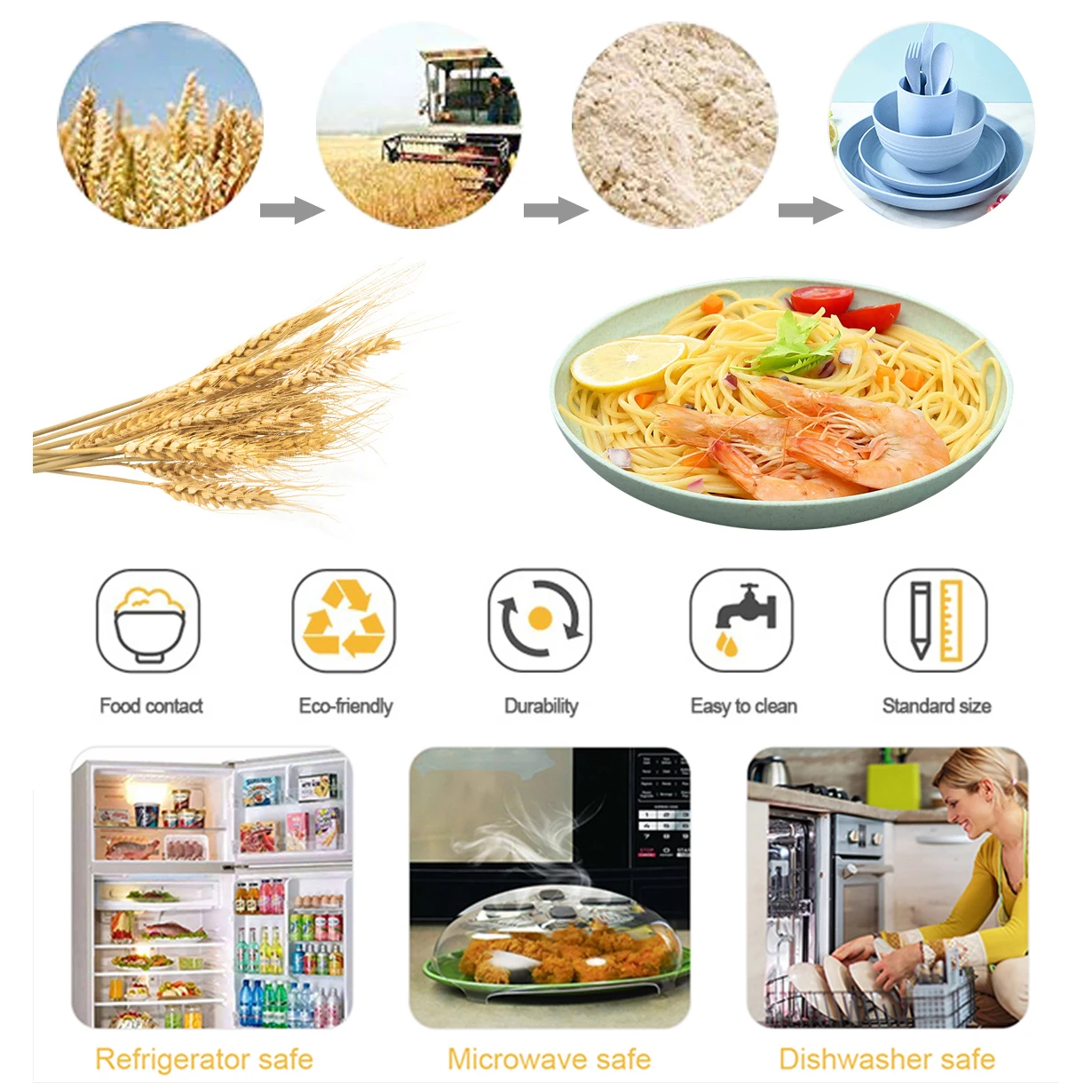 China Supplier Customized Home Party Lightweight Eco Friendly Plastic Wheat Straw Dinner Set Dinnerware Tableware Set For Kid