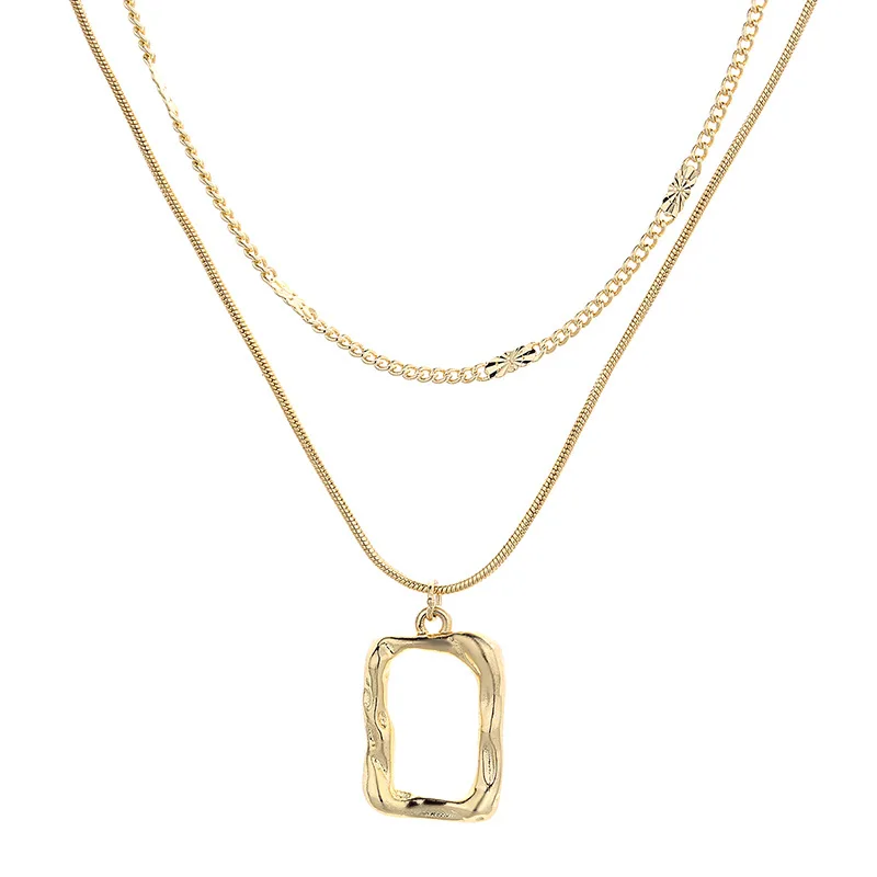 Trendy Jewelry Double Layer Round Snake Chain Hollow Square Charm Plated 18k Gold Stainless Steel Choker Necklace