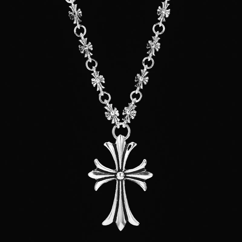 Vintage Fashion Gothic Chrome Cross Religious Alloy Chain Cross Pendant Necklace Hip Hop Jewelry For Women Men