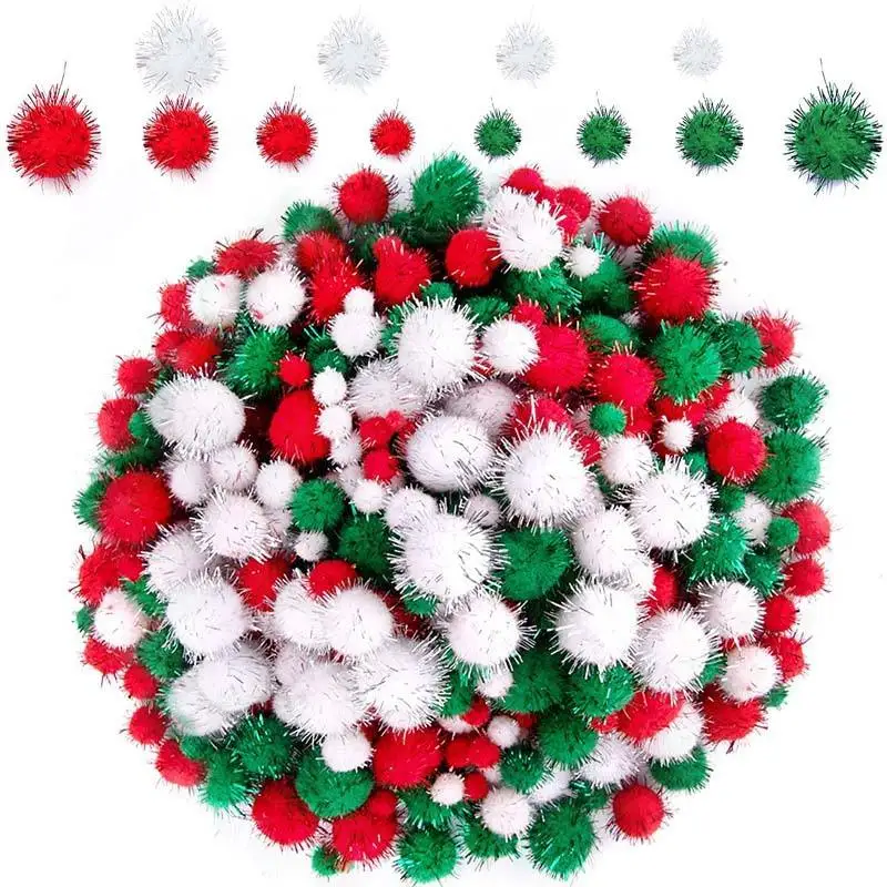 2022 Christmas PomPoms Glitter Fluffy Pompoms Balls for DIY Craft School Craft Project Decorations Red Green White