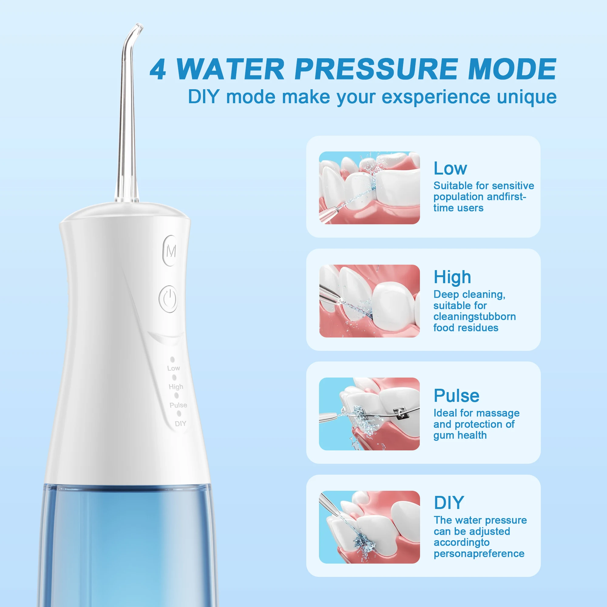 Cordless Portable Oral Irrigator Oral Cleaning 4 Nozzle Types 4 Cleaning Modes Water Flosser, 300ml Water Tank, IPX7 Waterproof