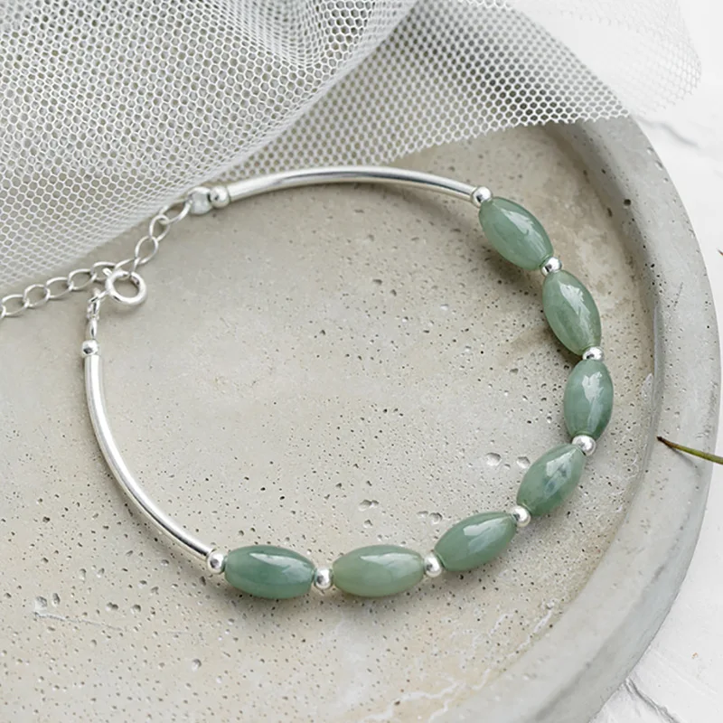 PJ-C270 Natural jadeite jade stone bracelet green 925 Sterling Silver bracelet jewelry beaded adjustable