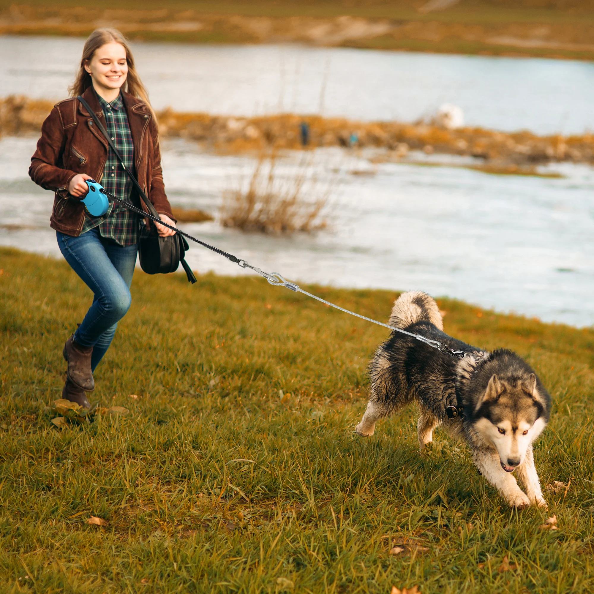 LEAD PET Retractable Dog Leash With Anti-Slip Handle 16 ft Strong Nylon Reflective Tape One Handed Brake Free Movement