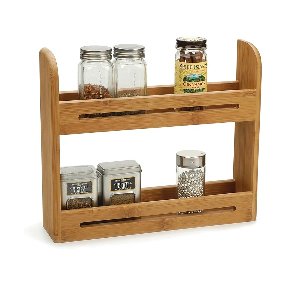 Wooden Kitchen Storage Shelf 2 Tier Bamboo Spice Rack Organizer Stand Tabletop Shelves for Kitchen