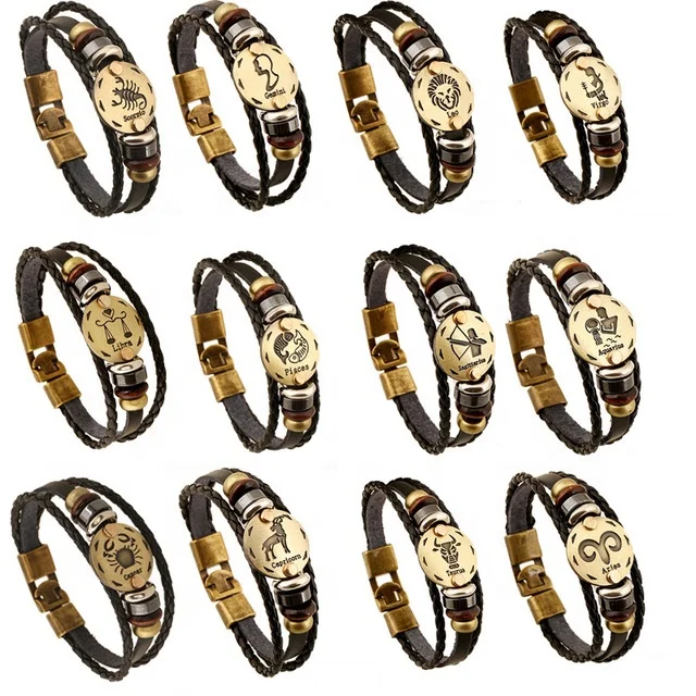 2020 new fashion valentines day gifts 12 zodiac horoscope leather Beaded bangle bracelet jewelry for men