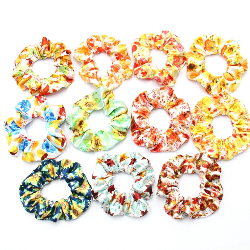 Custom Printed Silk Satin Elastic Hair Ties Multi Color Scrunchies