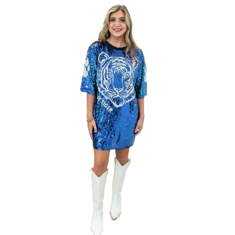 Blue Animal Tiger Sequins Jersey Sequin Dress Wholesale Bling Women Shirts Custom Sequined Dresses Fashion Clothing
