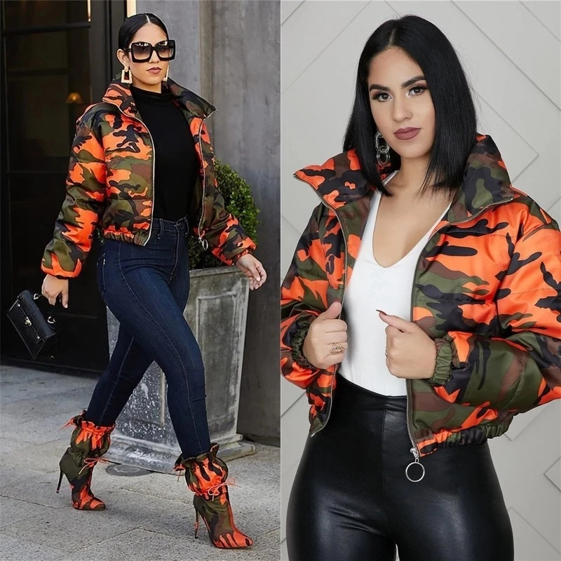 Camo Print Winter Jacket Women Festival Warm Parka Down Bubble Coat Top Warm Thick Parka Couple Wear Crop Puffer Jacket 4XL