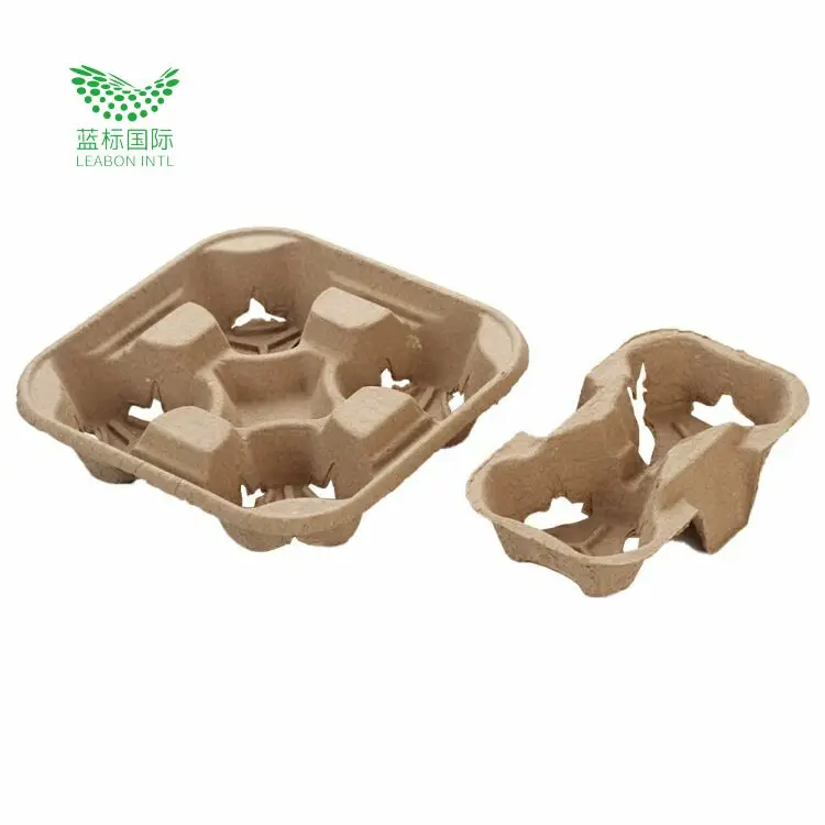 Biodegradable Compostable Disposable Bagasse Coffee Cup Tray Coffee Paper Cup Carrier Biodegradable Pulp Fiber 2 Cup Drink Carri