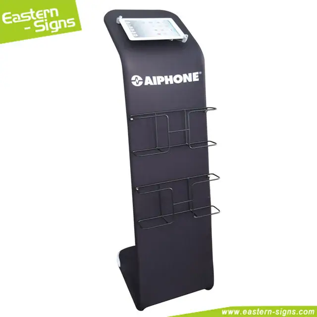 Floor Standing Foldable Tension Fabric Magazine Display Rack Metal Magazine Brochure Holder with Tablet Holder