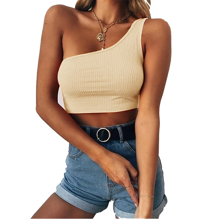 summer sleeveless fashion high street solid color women one shoulder rib crop top sports fitness tank top