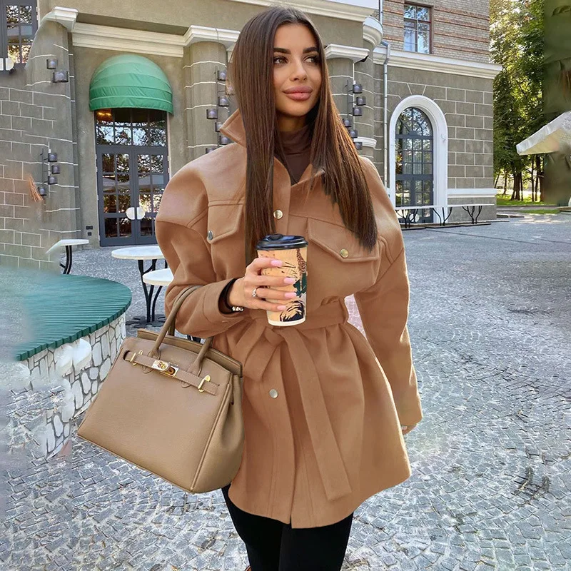 
Factory Sale Womens Coats And Jackest Retro Solid Color Long Sleeve Lapel Pocket Woolen Slim Fit Jacket With Belt Lady Female 