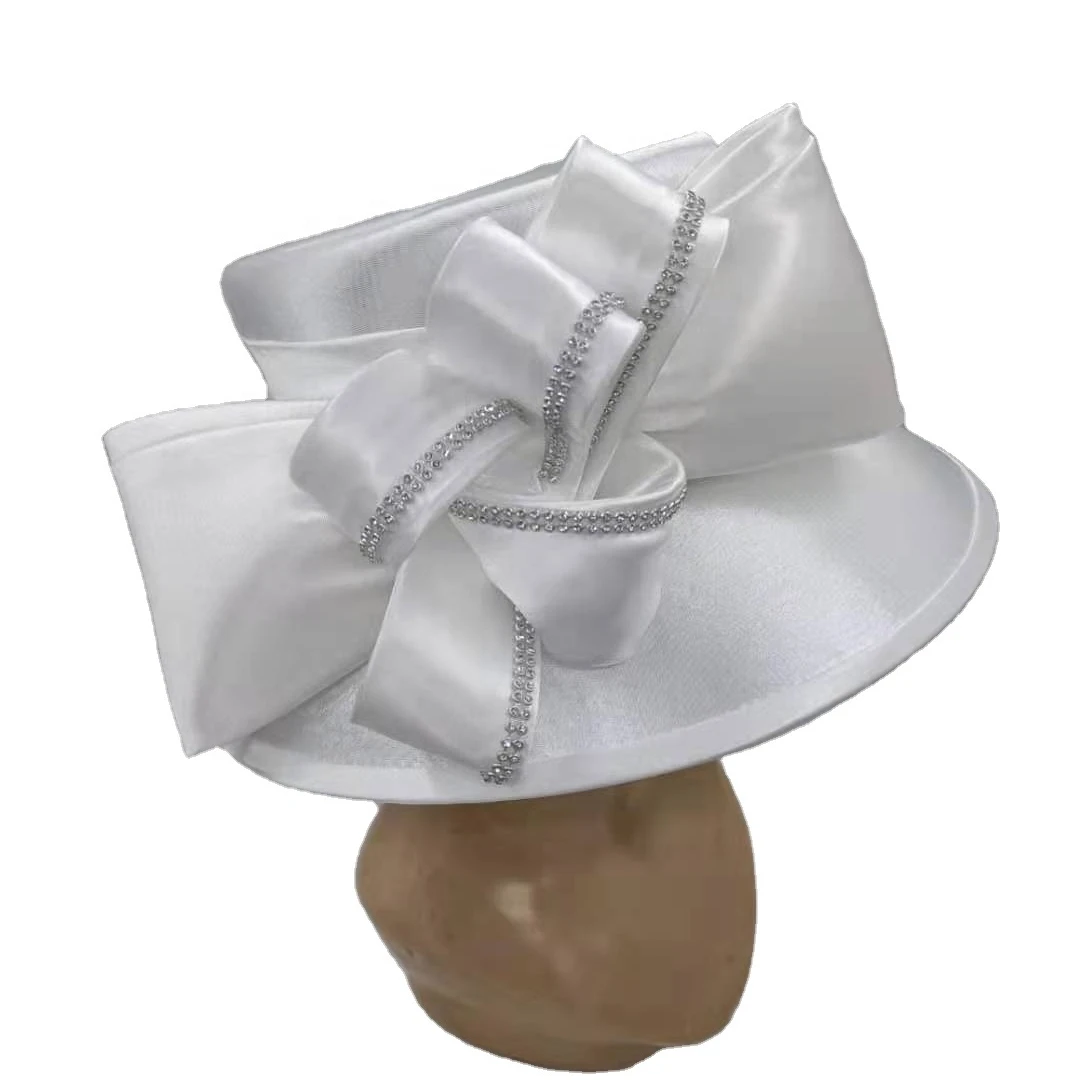 Носочные изделия ручной работы современная мода шляпа с широкими полями официальная Вечеринка леди церкви Новая Элегантная Женская белая шляпа на День Матери
