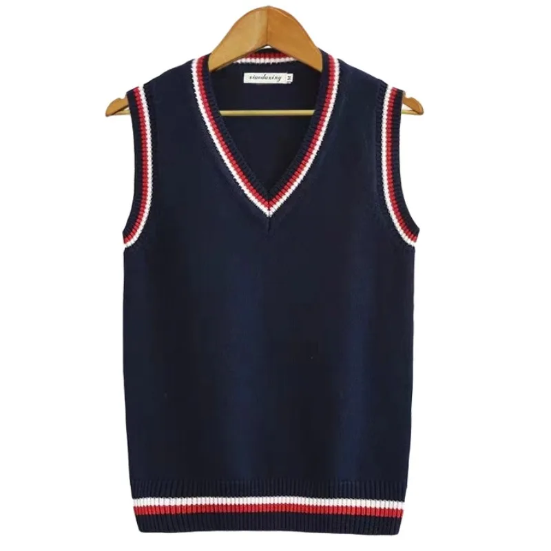 unisex woven knitted v-neck sleeveless vest 100% cotton children loose preppy style school uniform knitted sweater vest women