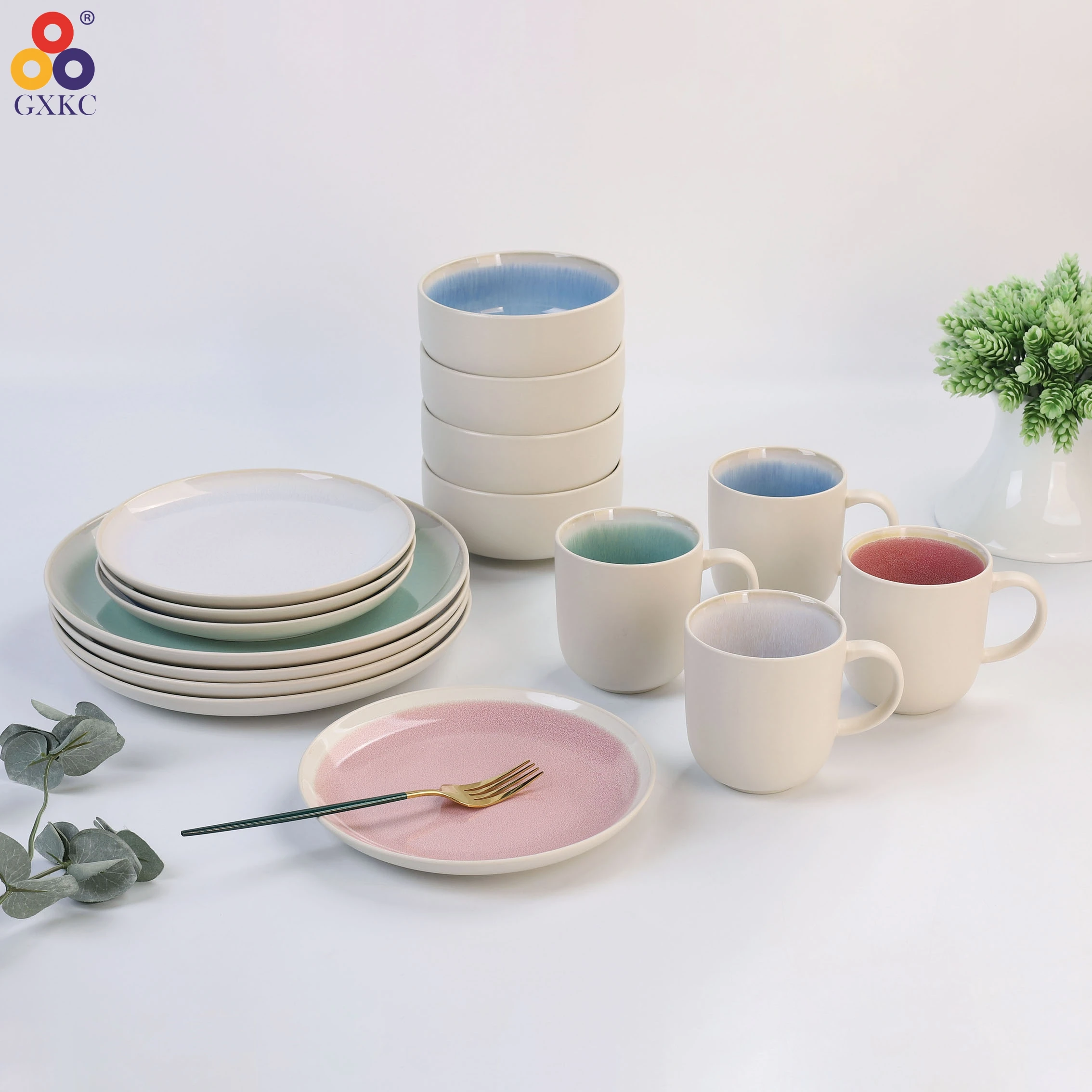 Sanhuan lead and cadmium free high quality green reactive glazed color porcelain tableware sets ceramic dinnerware