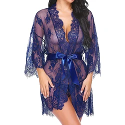 Wholesale Women Sexy Lace Kimono Robe Sheer Mesh Chemise Nightgown Embroidery Transparent Nightwear V Neck Shorts Lingerie