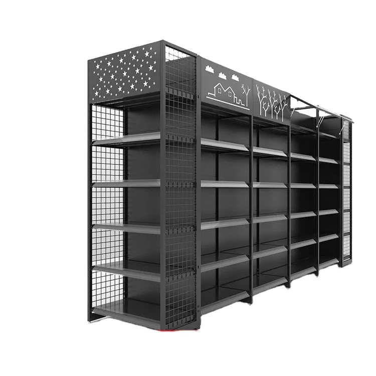 High quality custom store-wide full range Gondola single-sided wooden iron retail store display shelves for retail stores