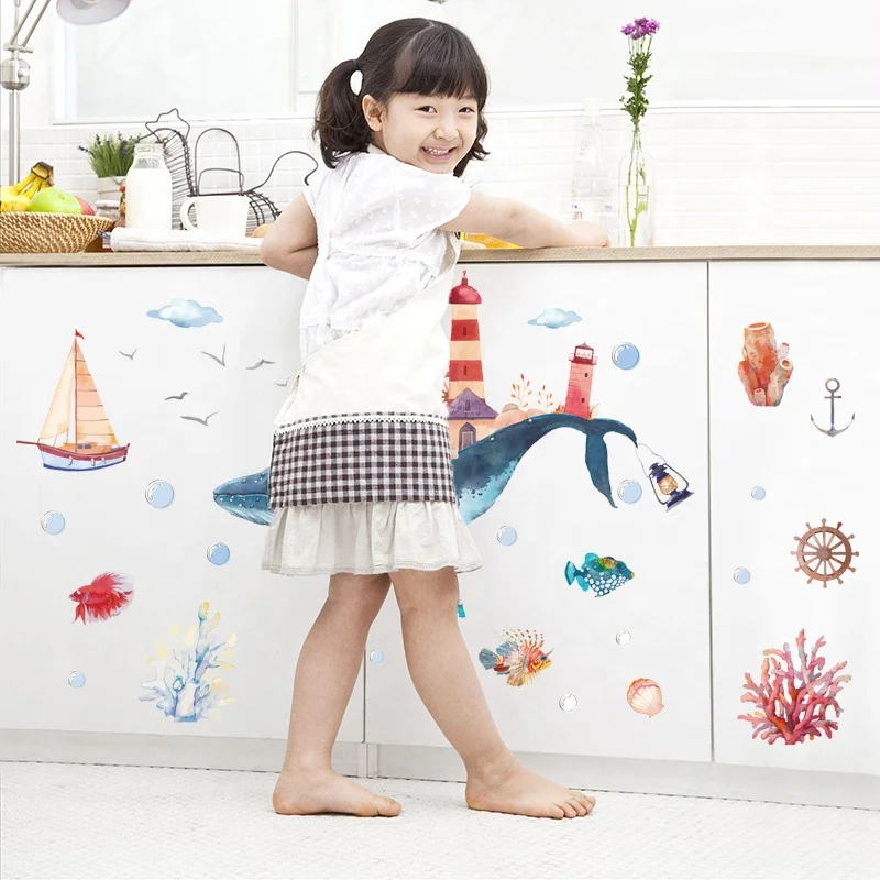
HM92020 Fairy Tale Childhodd Whale Wall Decal Cartoon Ocean Wall Stickers Kids Bedroom 