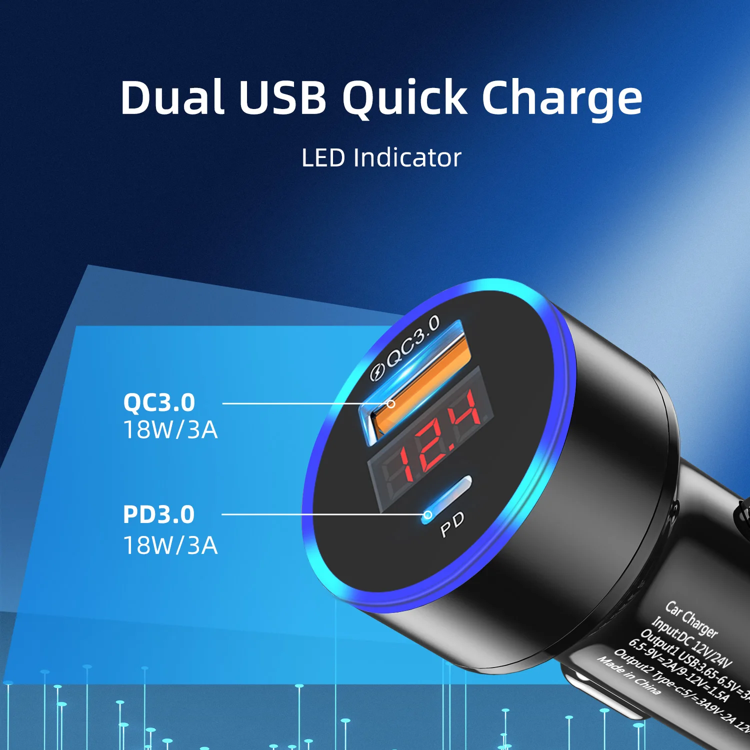 USLION OEM LOGO 36W USB+Type C Car Charger USB Car Charger QC3.0+PD 3.0 Fast Charger Mobile Phone Led Digital Display for iphone