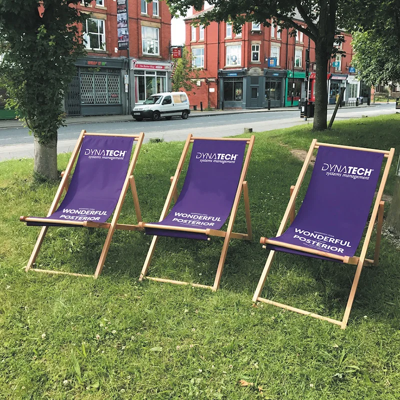 custom logo print branded vintage adjustable foldable beach garden pool reclining outdoor canvas wooden folding deck chair