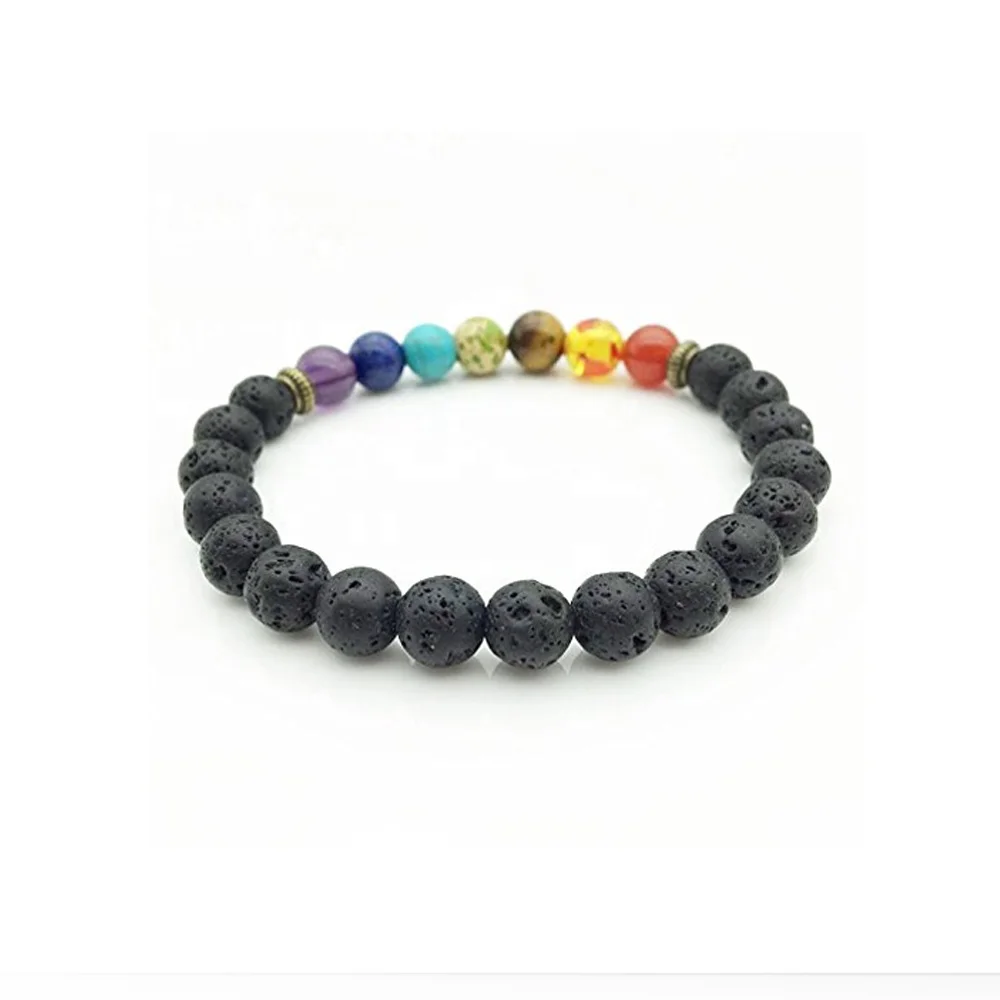 
2019 Top selling products tiger eye natural lava stone healing fashion custom yoga jewelry 7 chakra bead gold bracelet bangle 